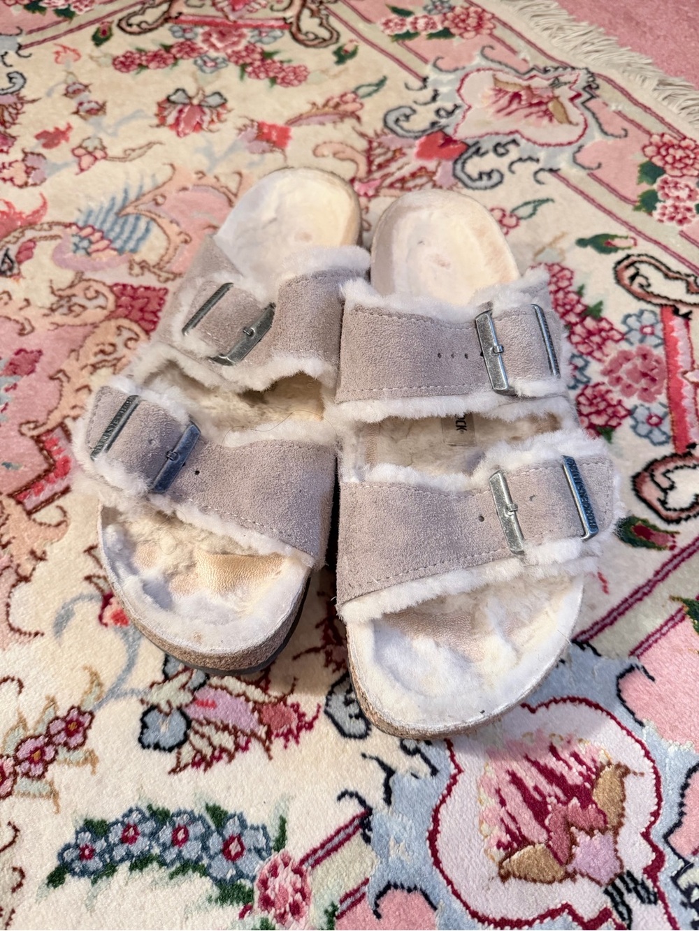Birkenstock Shearling-Lined Slide Sandals - Cream and Brown